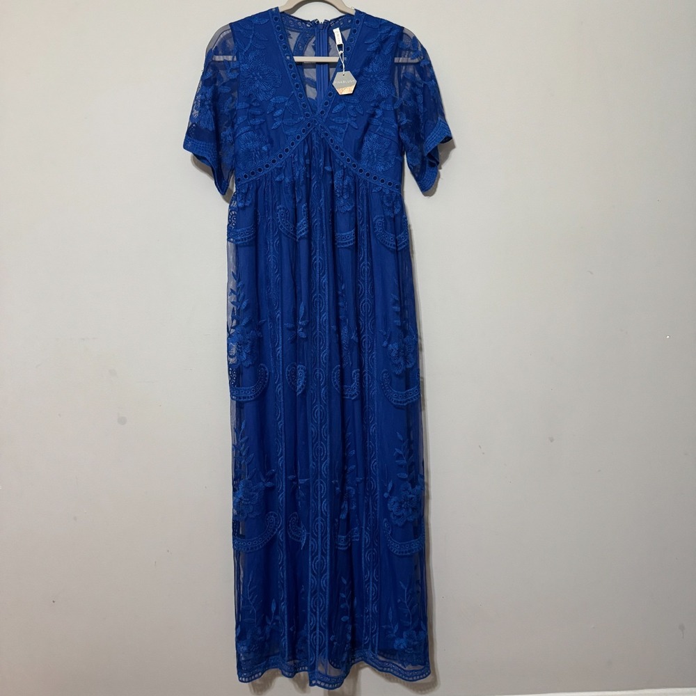 Pink Blush Women's Small Royal Blue Lace Mesh Overlay Maxi Dress Maternity NEW